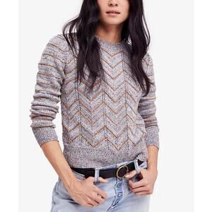 Free People Women's Ivory Zig Zag Cotton Knit Sweater Pullover Jumper Size M